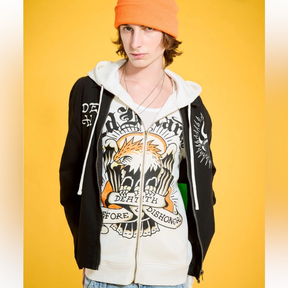Ed Hardy Hoodie Mens Large Ivory Death Before Dishonor Eagle Tattoo Zip Up Large